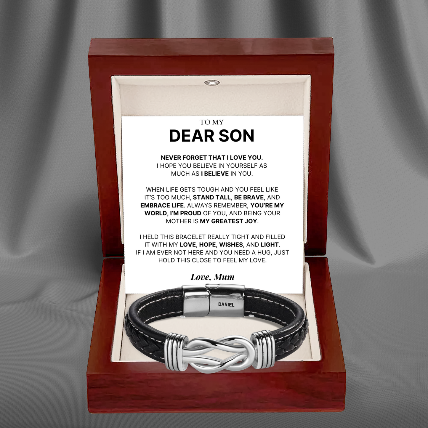 To My Dear Son – Infinity Knot Name Bracelet