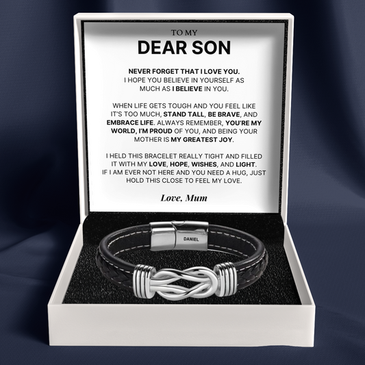 To My Dear Son – Infinity Knot Name Bracelet