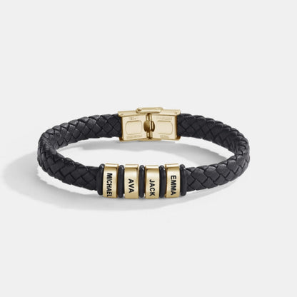 Best Dad in The World – Braided Black Leather Bracelet with Personalised Name Engraving