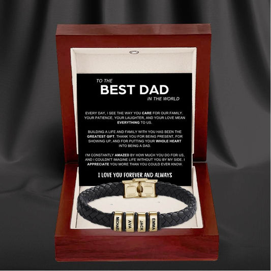Best Dad in The World – Braided Black Leather Bracelet with Personalised Name Engraving