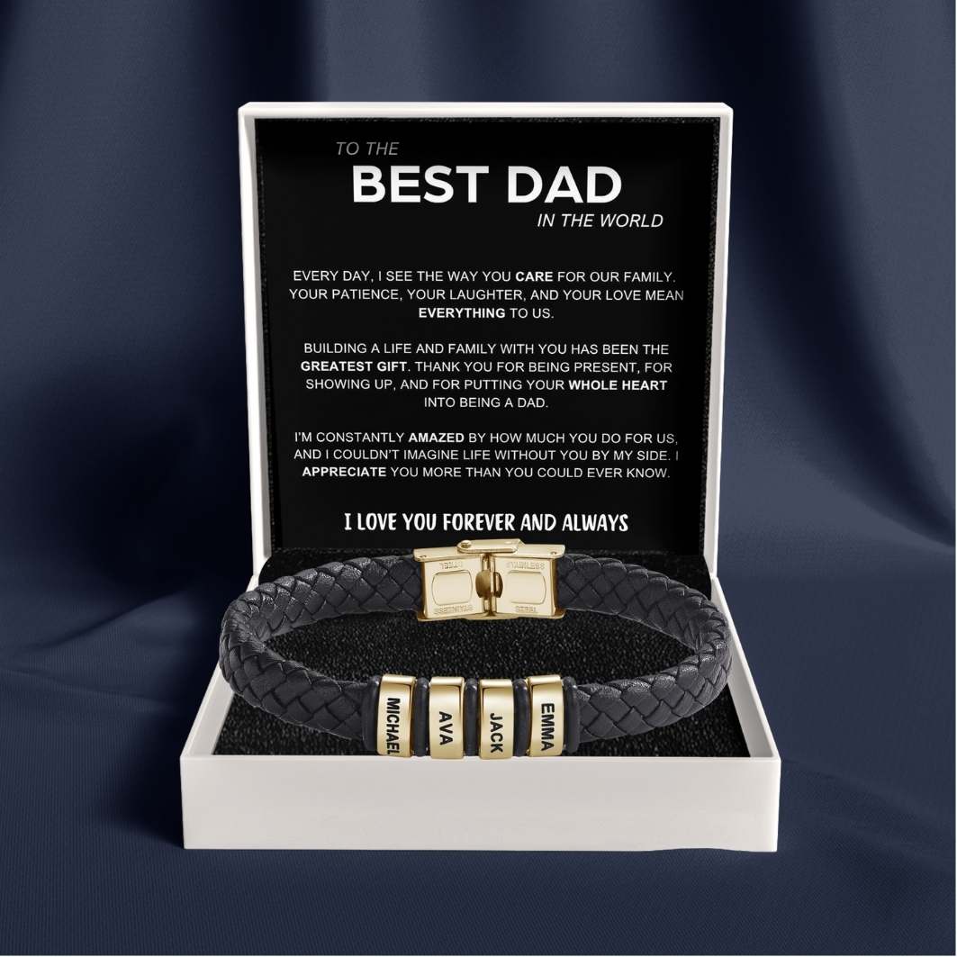 Best Dad in The World – Braided Black Leather Bracelet with Personalised Name Engraving