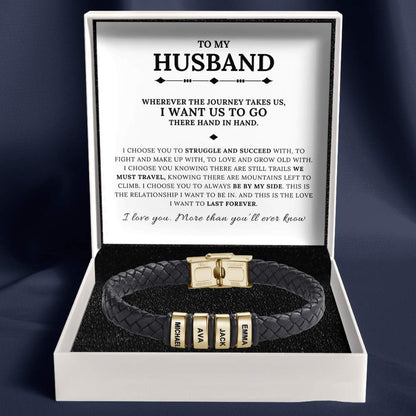 To My Husband - Braided Black Leather Bracelet with Personalized Name Engraving