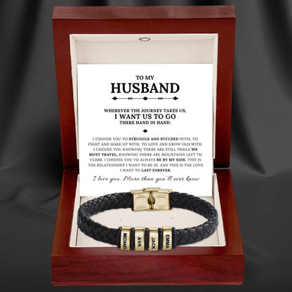 To My Husband - Braided Black Leather Bracelet with Personalized Name Engraving