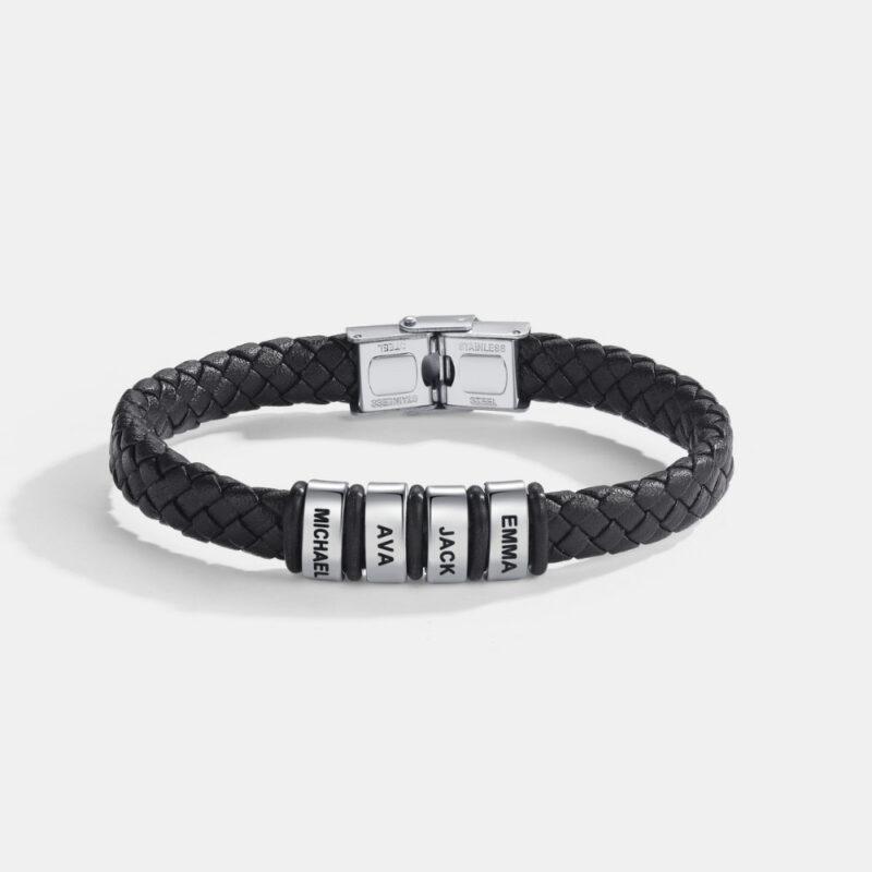Best Dad in The World – Braided Black Leather Bracelet with Personalised Name Engraving