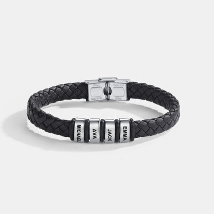 Best Dad in The World – Braided Black Leather Bracelet with Personalised Name Engraving