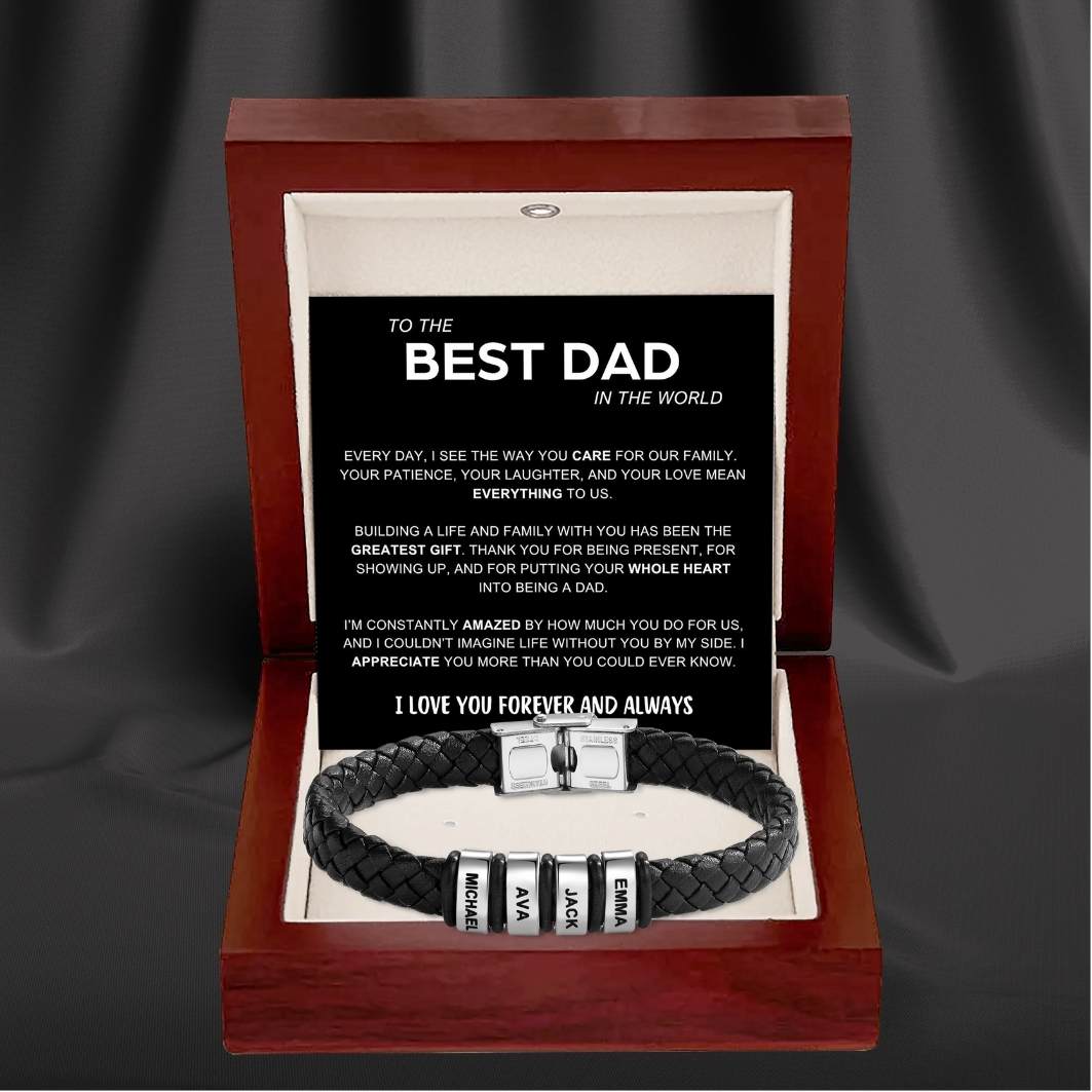Best Dad in The World – Braided Black Leather Bracelet with Personalised Name Engraving