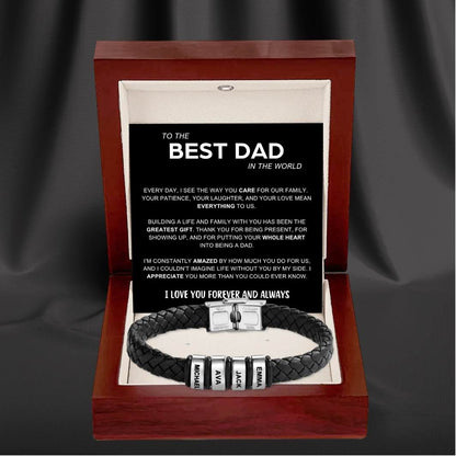 Best Dad in The World – Braided Black Leather Bracelet with Personalised Name Engraving