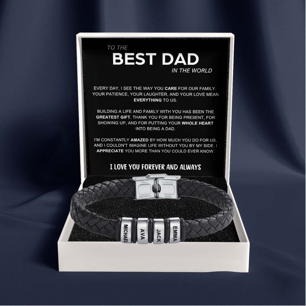 Best Dad in The World – Braided Black Leather Bracelet with Personalised Name Engraving