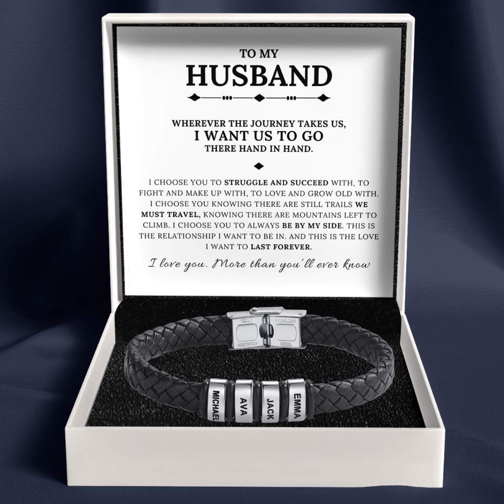 To My Husband - Braided Black Leather Bracelet with Personalized Name Engraving