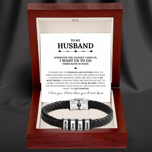 To My Husband - Braided Black Leather Bracelet with Personalized Name Engraving