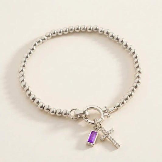 Birthstone Cross Pendant Bead Bracelet