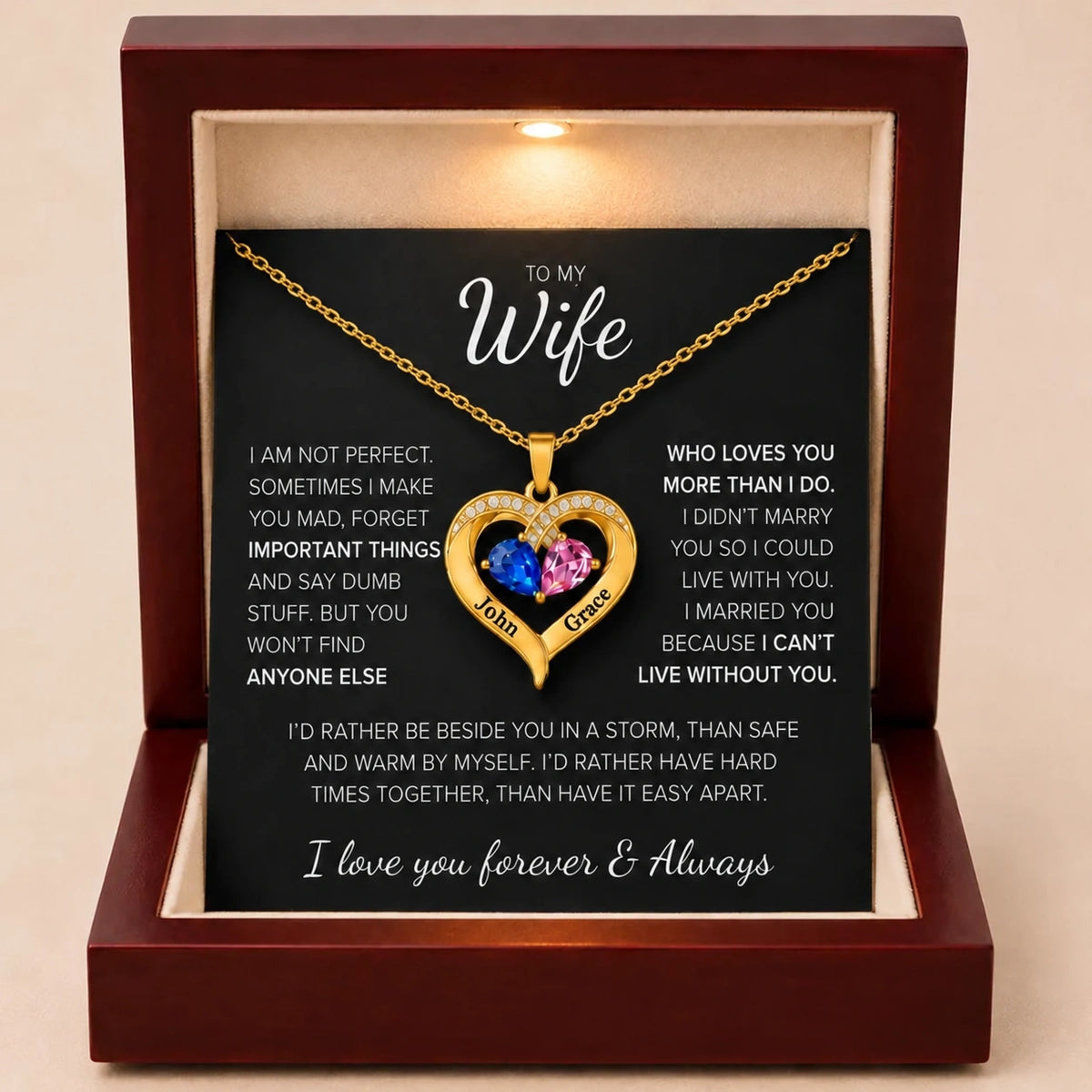 To My Wife – Together Forever Birthstone Heart Necklace