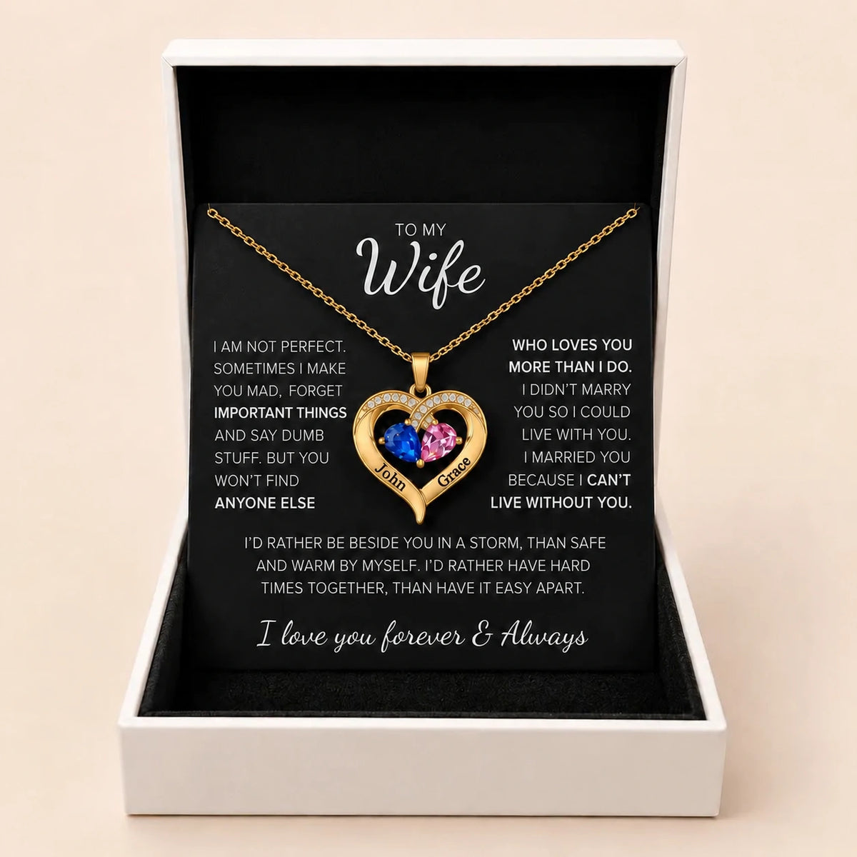 To My Wife – Together Forever Birthstone Heart Necklace